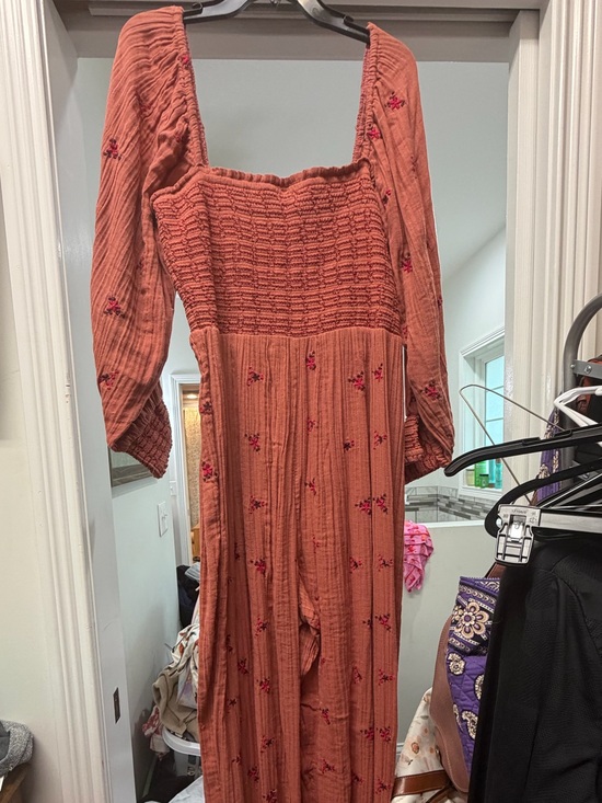 Free People Pants - Free People Rust Floral Smocked Jumpsuit with Long Sleeves
